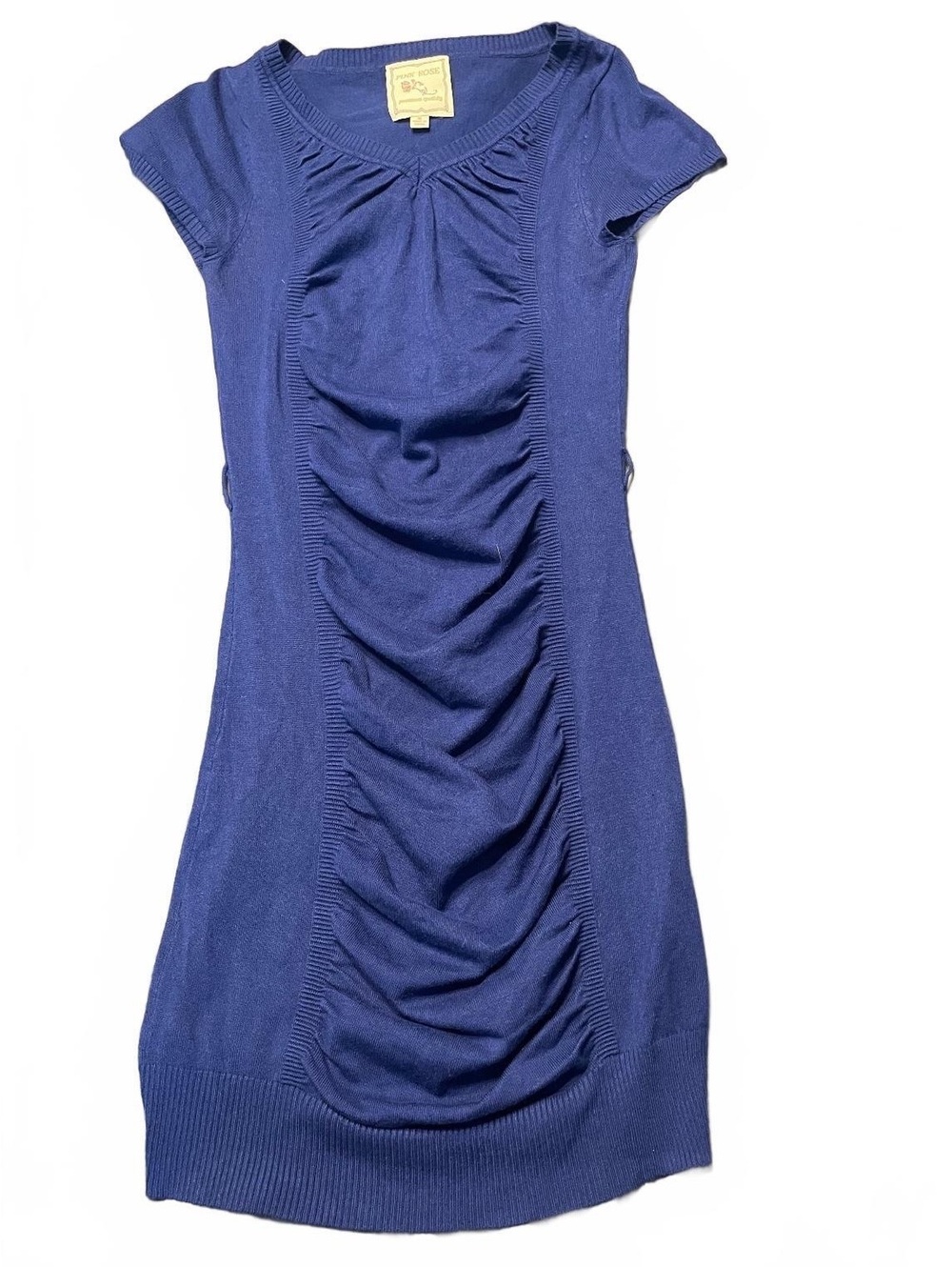 VTG Y2K Pink Rose Blue Rayon Polyester Ruched Front Knit Dress Medium